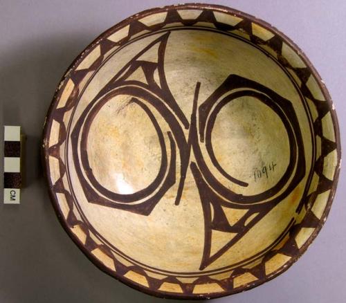 Bowl, polacca polychrome style c. int: zuni rain bird design; ext: slipped, no d