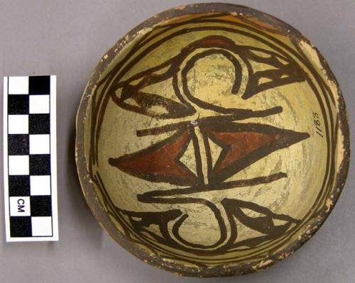 Bowl, polacca polychrome style c. int: zuni rain bird design; ext: slipped, no d