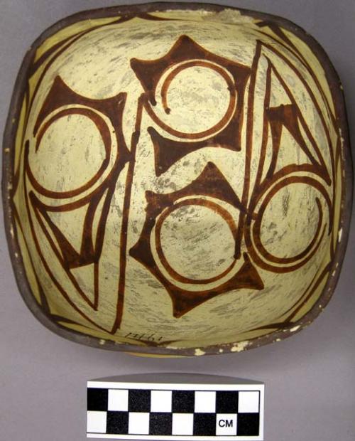 Bowl, polacca polychrome style c. int: zuni rain bird design; ext: slipped, no d