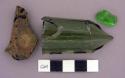 Glass, olive green bottle glass, fragments, and bottle neck