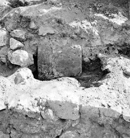 Mound A. West pillar of temple hidden by later crude masonry