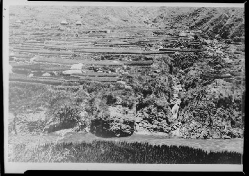 Rice terraces across Agno River - note bird scaring devices