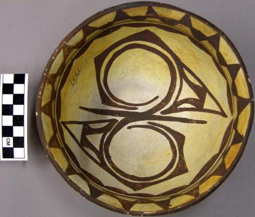 Bowl, polacca polychrome style c. int: zuni rain bird design; ext: slipped, no d