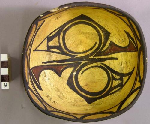 Bowl, polacca polychrome style c. int: Zuni rain bird design; ext: Zuni rain bir