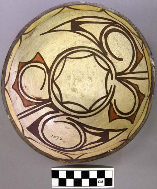 Bowl, polacca polychrome style c. int: zuni rain bird design; ext: linear design