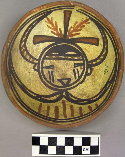 Bowl, polacca polychrome style c. int: kachina design; ext: slipped, no design.