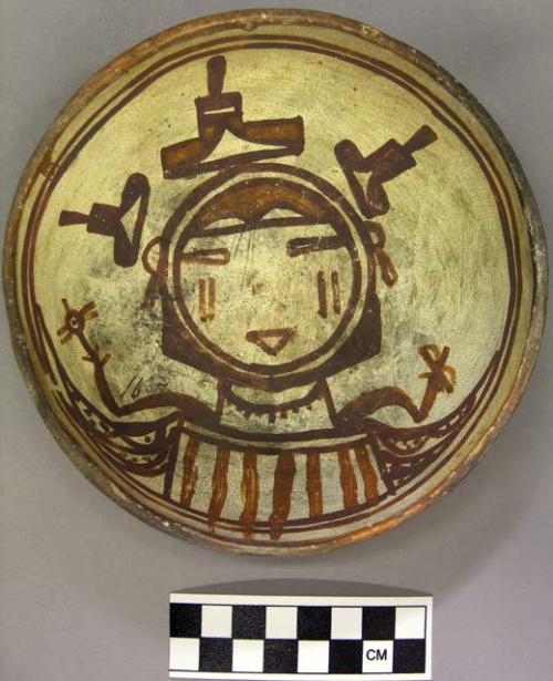 Bowl, polacca polychrome style c. int: kachina design; ext: unslipped, no design