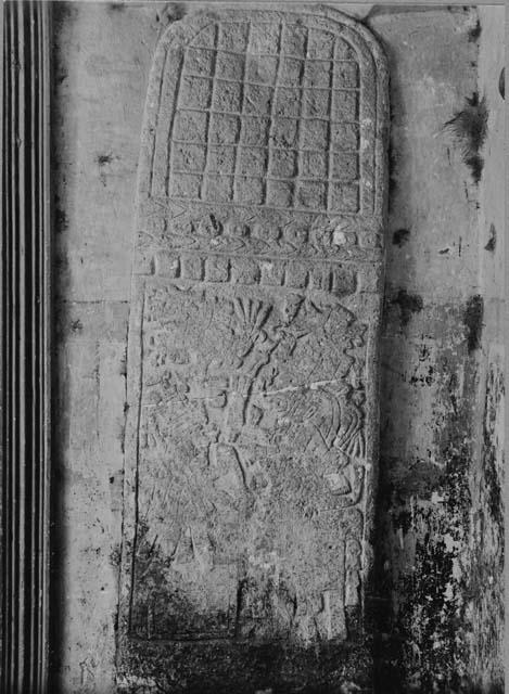 Stela 1 in wall of Hacienda Xcanchakan