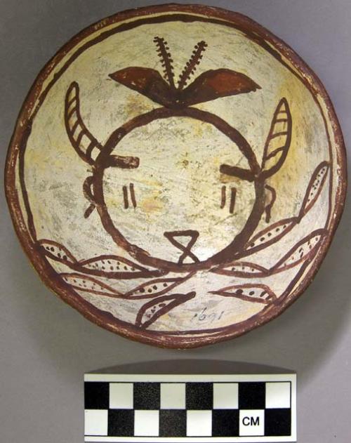 Bowl, polacca polychrome style c. int: kachina design; ext: slipped, no design.