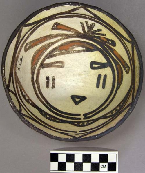 Bowl, polacca polychrome style c. int: kachina design; ext: slipped, no design.