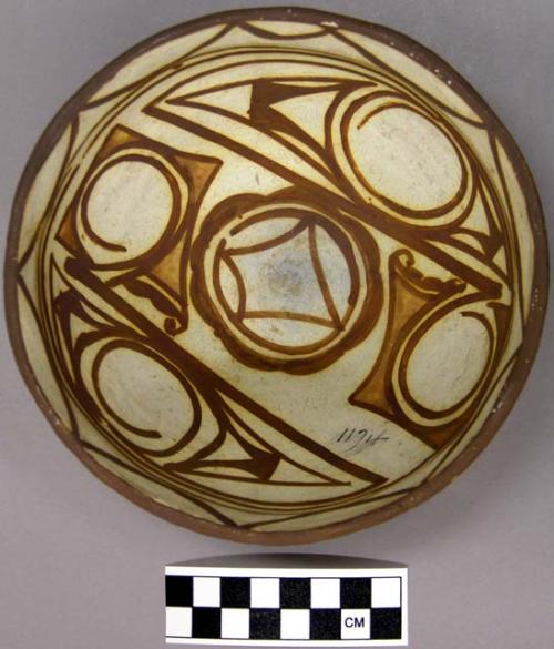 Bowl, polacca polychrome style c. int: zuni rain bird design; ext: slipped, no d