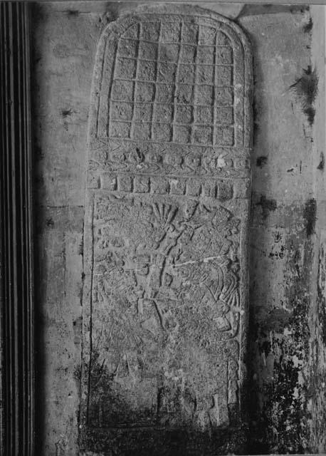 Stela 1 in wall of Hacienda Xcanchakan