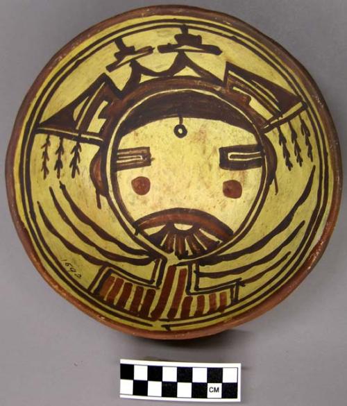 Bowl, polacca polychrome style c. int: kachina design; ext: unslipped, no design