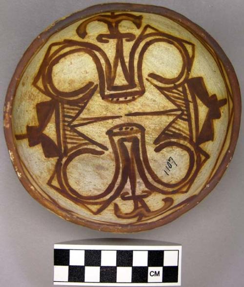 Bowl, polacca polychrome style c. int: zuni rain bird deisgn; ext: slipped, no d