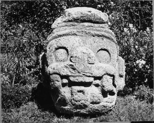 Stone sculpture, Jaguar head.  Ht. 85.0, Breadth 70.0, Depth 90.0 cms.