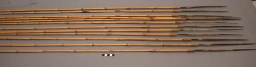 12 Bamboo arrows - carved and raffia wrapped tip, base of tip painted white (50"