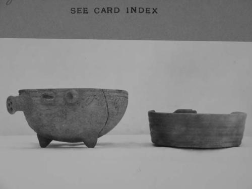 Bowl with "pepper pot" snout and straight-walled bowl with horiz. grooved ext.