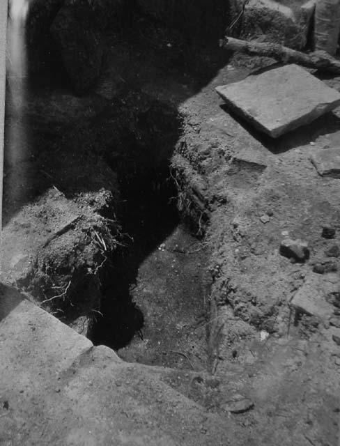 Structure 3E3 - Sweat House, Masonry lined drain in front of doorway.