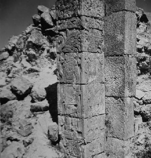 Sculptured door jamb on North side of inner door of Temple of Tables as seen fro