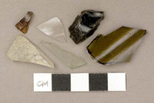 Glass, bottle glass, clear, aqua, brown, green fragments