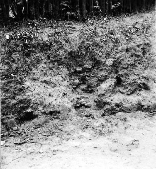 Street cut made through a mound with brick wall