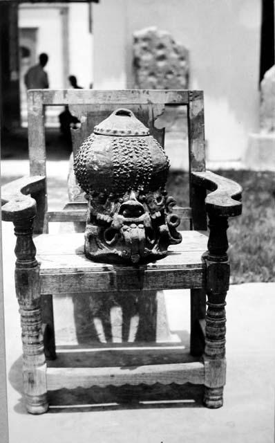 Incense burner and cover, unslipped brown pottery.