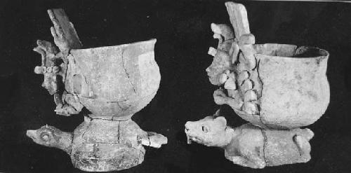 2 Mayapan effigy vessels  a: god riding a bird  b: god riding a dog (?)