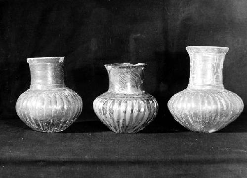 3 Plumbate jars, all have gadrooned bodies Gadrooning done from exterior.