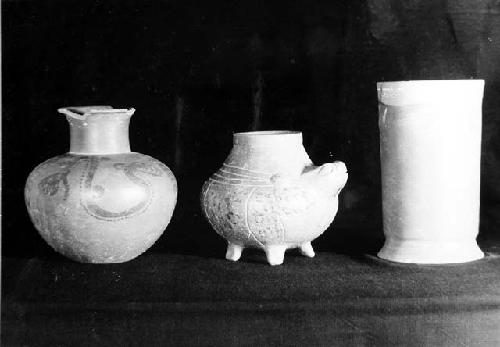 3  X  Fine Orange vessels  a: standard jar, decorated with black snake on should