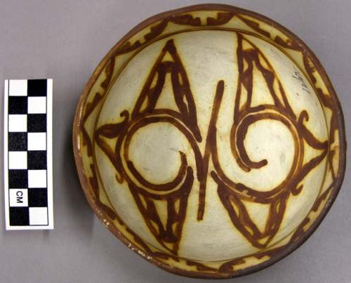 Bowl, polacca polychrome style c. int: zuni rain bird design; ext: slipped, no d