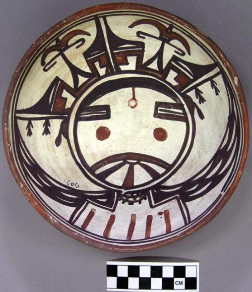 Bowl, polacca polychrome style c. int: kachina design; ext: slipped, no design.