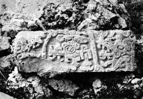 Reused sculptured stone in side wall of ruined church