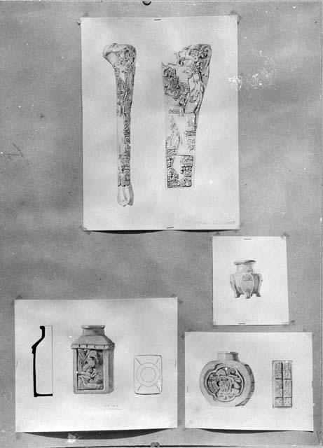 Tejeda painting of carved deer's bone and miniature jar and bottles