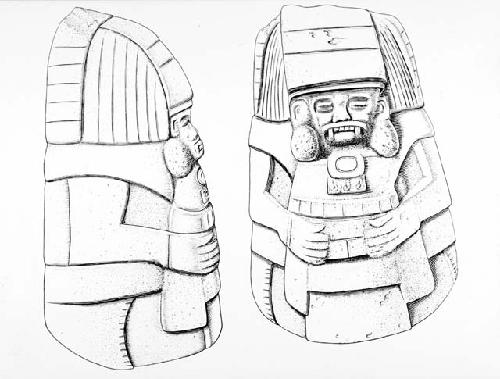 Drawing of sculptured human figure from La Flora, Dept. of Escuintla, Guatemala