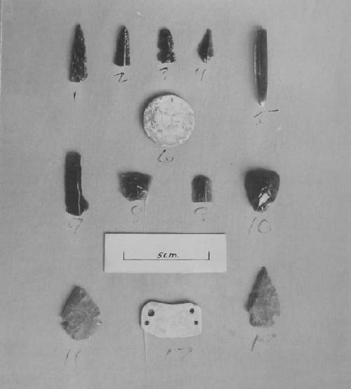 Artifacts: Q151: Top: points and pt. frags, 1 core C-94/Middle: C106 barm, 2 end