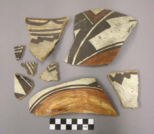 Ceramic sherds, body sherds, one rim bowl sherd, polychrome, designs both sides