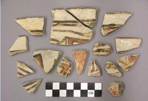 Ceramic body or rim sherds, bi- or polychrome, designs both sides, buff ware