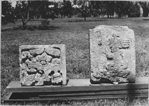 Two sculptures: left - one stone from a wall panel, 29 cms. wide. Rt- human seat