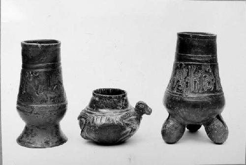 Incised jar, bird effigy jar, and jar with rattle legs