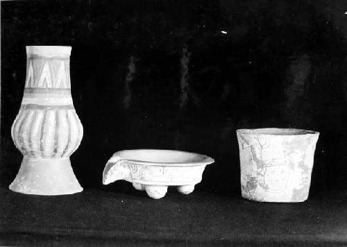 3 Fine Orange vessels  a: tapered vase, Polychrome.  b: Spouted tripod dish, # F