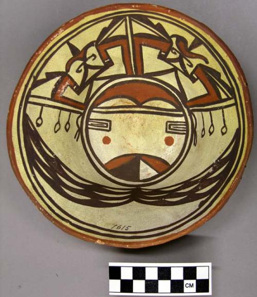 Bowl, polacca polychrome style c. int: kachina design; ext: slipped, no design.