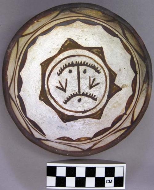 Bowl, polacca polychrome style c. int: clown design; ext: slipped, no design. 5.