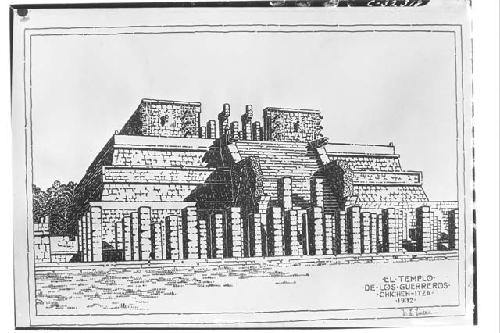 Pen and ink drawing of the Temple of Warriors by W.L. Lincoln