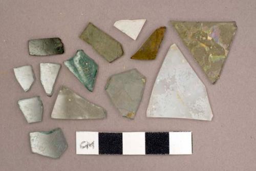 Glass, flat, greenish clear, various sizes, broken