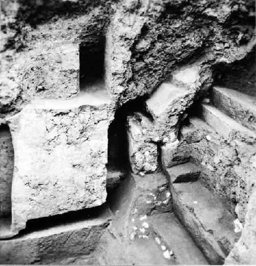 Detail of section of early structures exposed by central trench, Ballcourt A