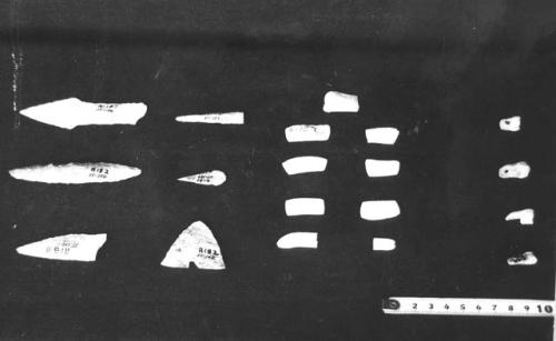 6 flints; 9 pieces shell; 4 perf. human teeth,  Str. R-86; R-87; Burial cist 2