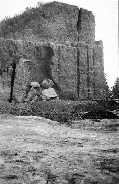 Cutting by brickyard workmen and erosion, Mound E-III-3; South side