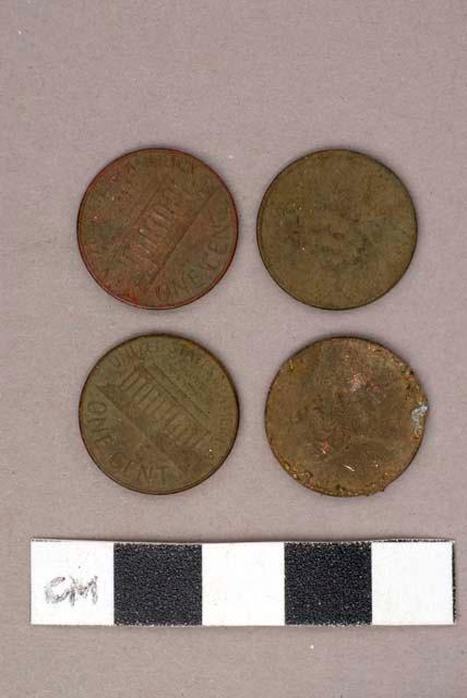 Metal, personal, coin, pennies, dated 1963, 1967, 1974, unidentified