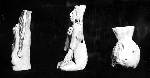 A and B, pottery figurines; C, effigy vessel.