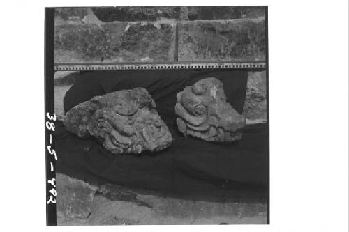 Two grotesque stone heads (front and right side)